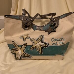 Coach Starfish Canvas Tote - Cream and Teal